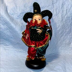 1992 House Of Lloyd Jester/Clown Porcelain Face Doll on a Wood Stand